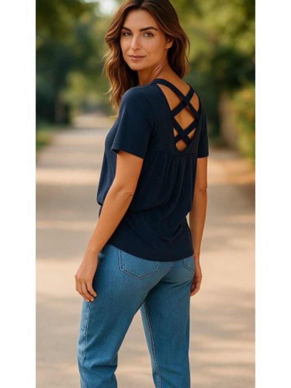 STUDIO 1886 Navy Blue Criss Cross Back Short Sleeve Top Ladies Large 12-14